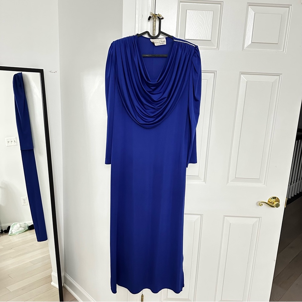 Oscar de la Renta Cobalt Blue Long Sleeve Draped Cowl Neck Dress